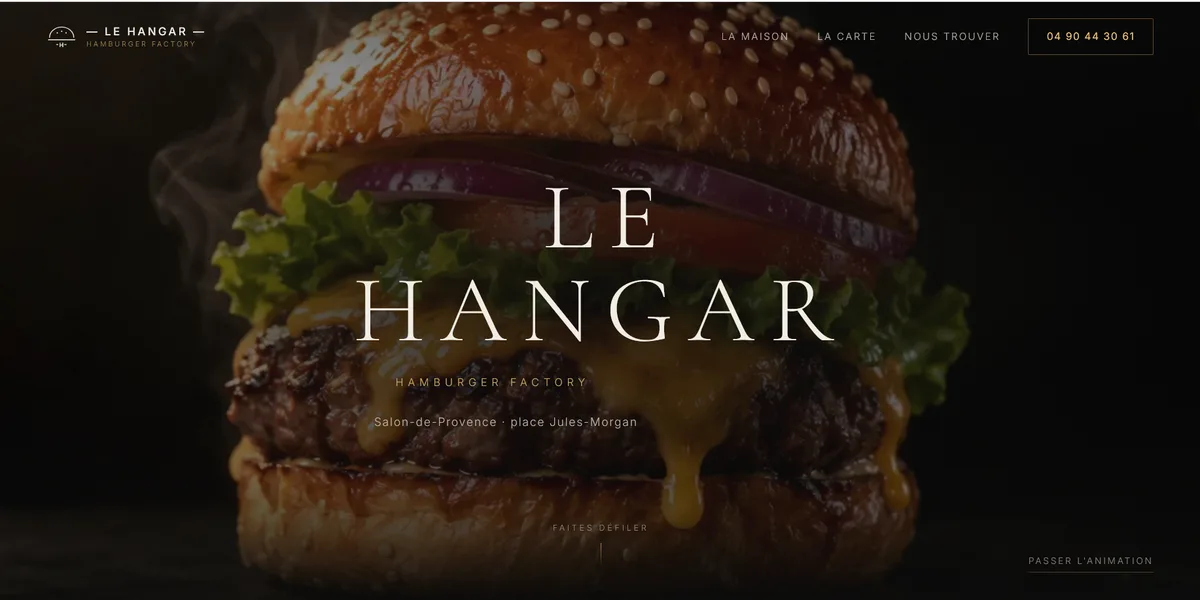 Le Hangar restaurant site, burger photography and editorial type