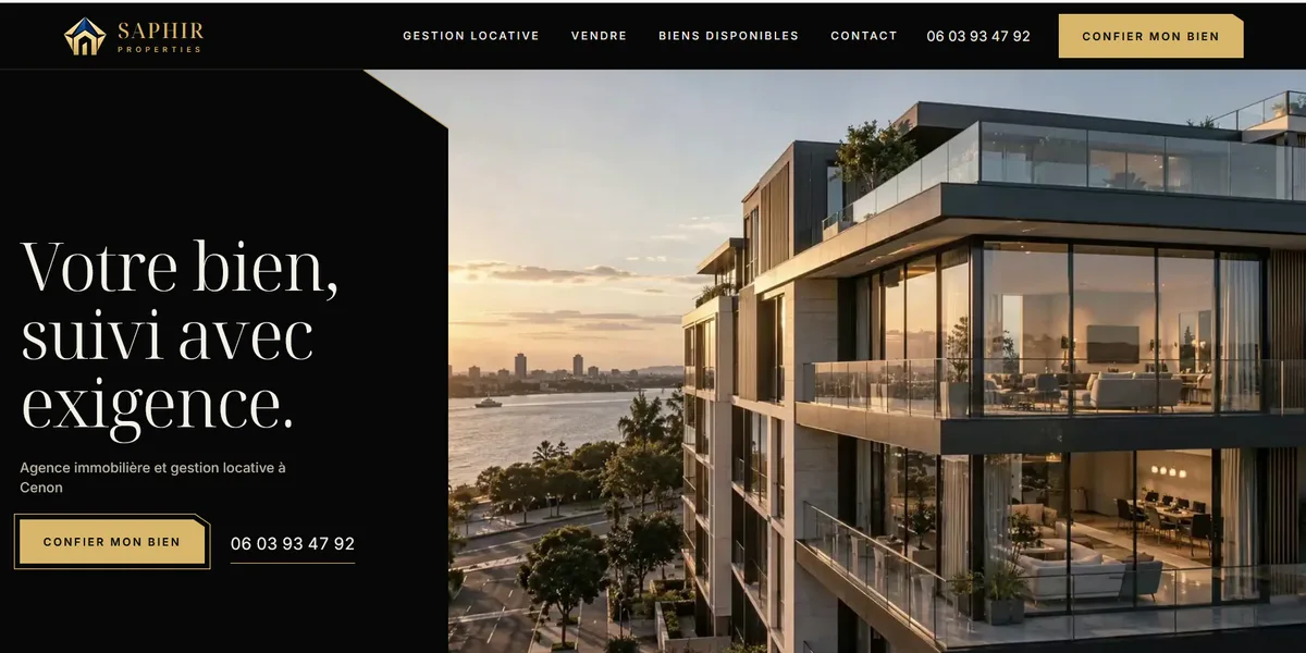 Saphir Properties real estate site, black and gold